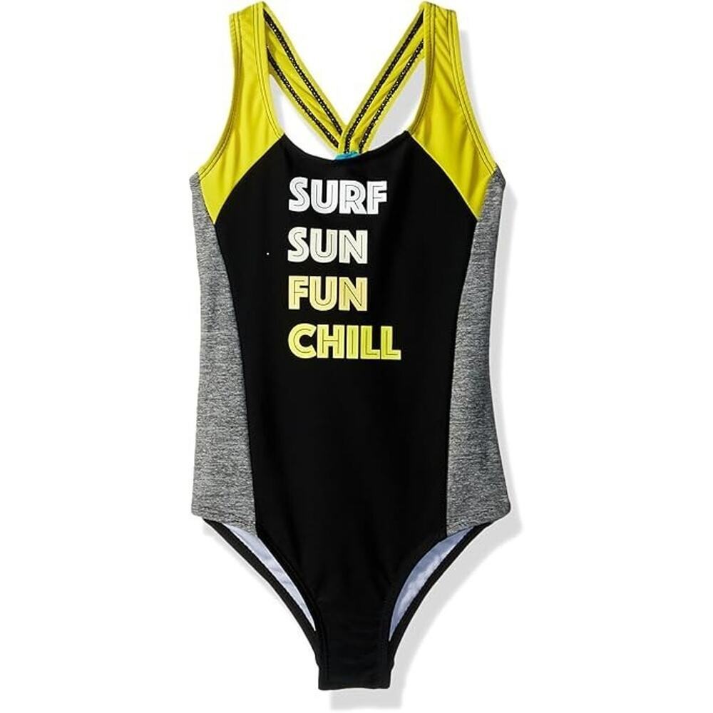 Big Chill Girls 1 Piece Racerback Swimsuit Black Gray 50 UV Protection Size 4